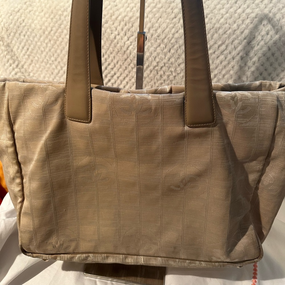 Authentic Chanel Nylon Travel Line Beige Sheen Tote